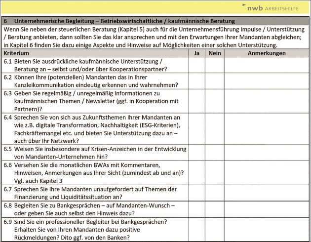 Checkliste: Kriterien für unternehmerische Begleitung und
		  kaufmännische Beratung von Mandanten durch Steuerberater.