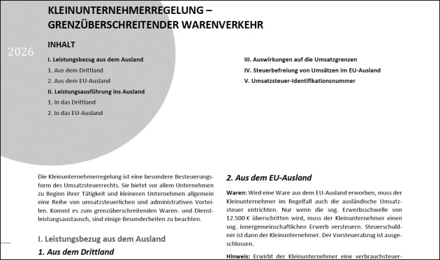 Titelseite eines Mandanten-Merkblatts zur
		  „Kleinunternehmerregelung – Grenzüberschreitender Waren- und
		  Dienstleistungsverkehr“ (2026) mit Inhaltsübersicht und zweispaltigem
		  Fließtext zu umsatzsteuerlichen Regelungen bei Auslandsbezügen und
		  -leistungen.